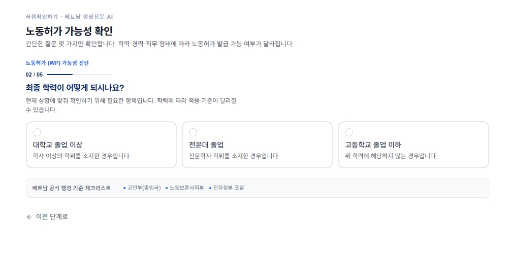 MY VIET CHECK 노동허가 가능성 진단 02/05 — 최종 학력이 어떻게 되시나요?